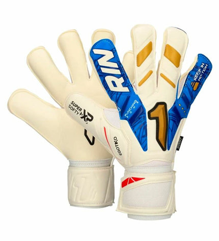 Multicolored Rinat Egotiko Vengador Prime goalkeeper gloves for adults, designed for outdoor soccer and sports.