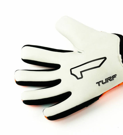 Rinat Egotiko Vengador orange soccer goalkeeper gloves for turf, featuring padded palms and adjustable wrist straps.