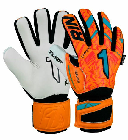 Rinat Egotiko Vengador orange turf goalkeeper gloves for adults, designed for soccer and outdoor sports.