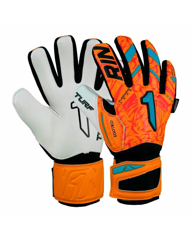 Rinat Egotiko Vengador orange turf goalkeeper gloves for adults, designed for soccer and outdoor sports.
