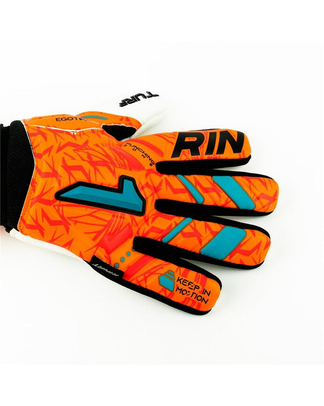 Rinat Egotiko Vengador orange soccer goalkeeper gloves for adults, designed for turf soccer and outdoor sports.