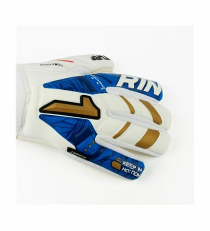Rinat Egotiko Vengador white football goalkeeper gloves with spine turf design for outdoor soccer play.