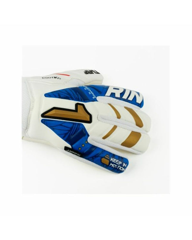 Rinat Egotiko Vengador white football goalkeeper gloves with spine turf design for outdoor soccer play.