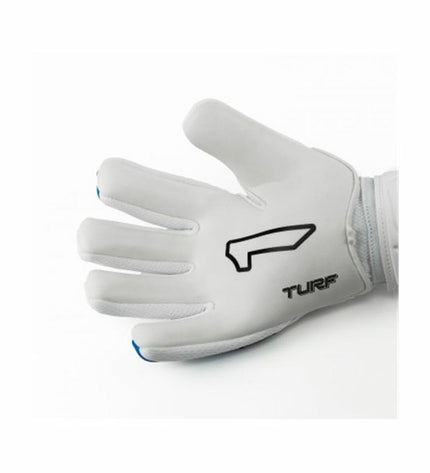 Rinat Egotiko Vengador Spine Turf white goalkeeper gloves for soccer, featuring padding and grip for outdoor football.