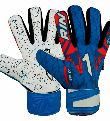 Multicolored Rinat Egotiko As adult goalkeeper gloves for soccer, with padded palms and adjustable wrist straps.