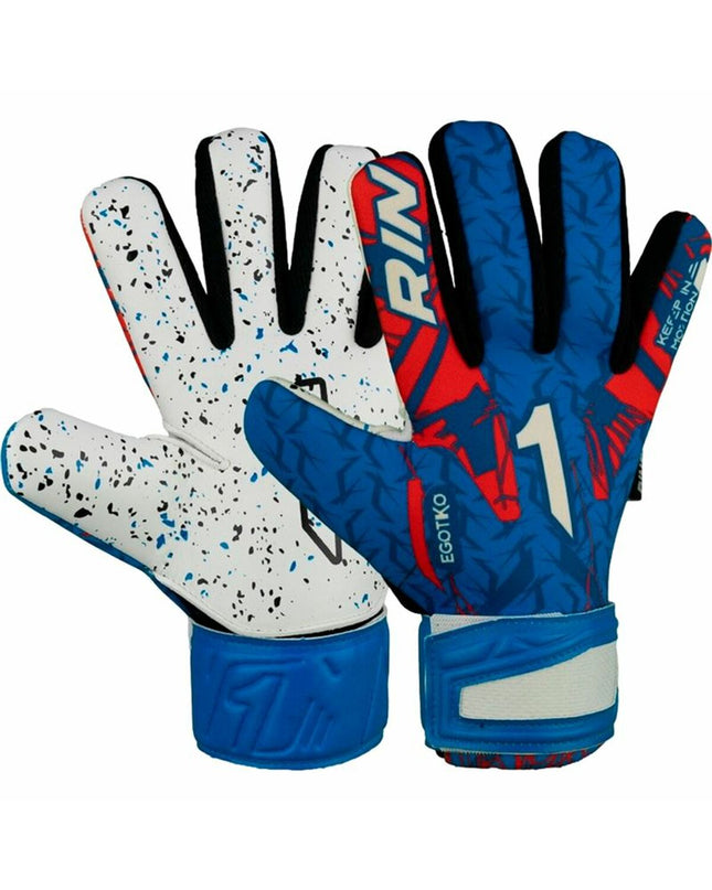 Multicolored Rinat Egotiko As adult goalkeeper gloves for soccer, with padded palms and adjustable wrist straps.