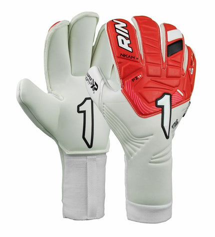 Red Rinat Nkam Prime Infantil goalkeeper gloves for children, designed for soccer and outdoor sports, featuring padded palms.