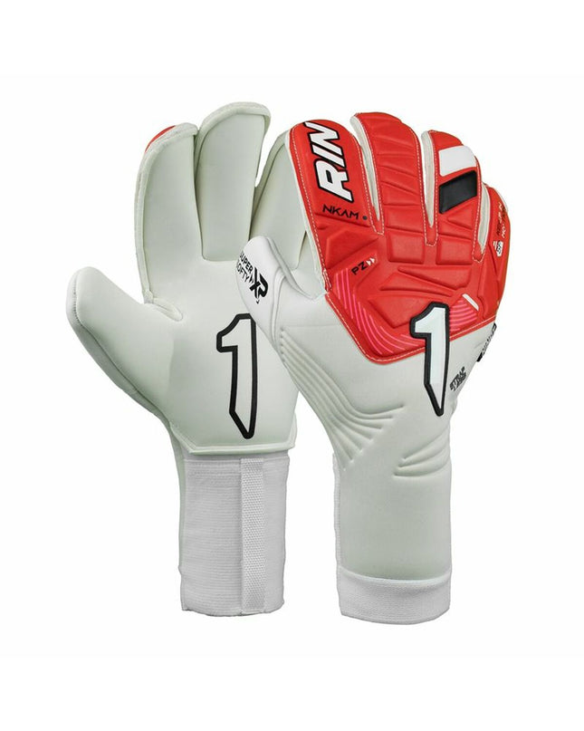 Red Rinat Nkam Prime goalkeeper gloves for adults, designed for soccer and outdoor sports, with padded palms and adjustable wrist straps.