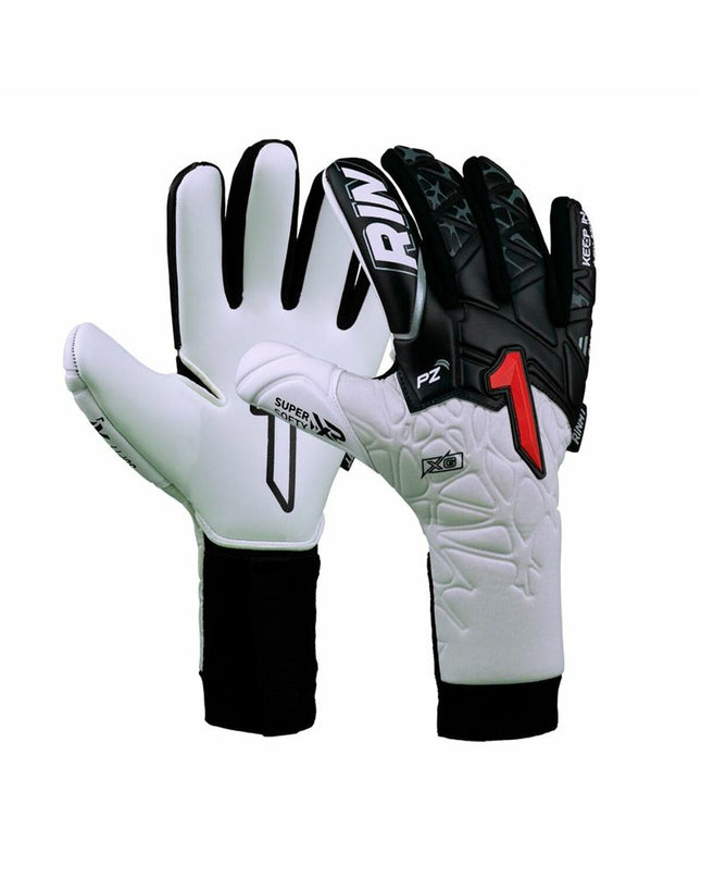 Rinat Rinat Xtreme Guard Dominius Prime white goalkeeper gloves for soccer, with padded palms and adjustable wrist straps.