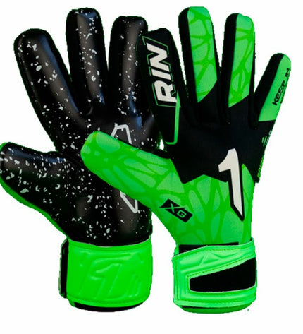 Rinat Keeperhandschoenen Rinat Xtreme Guard Dominius AS for soccer goalkeeping, black with padding and grip features.