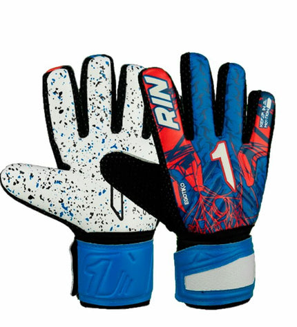 Rinat Egotiko Graviti blue goalkeeper gloves for football, featuring padded palms and wrist support for sport and outdoor play.