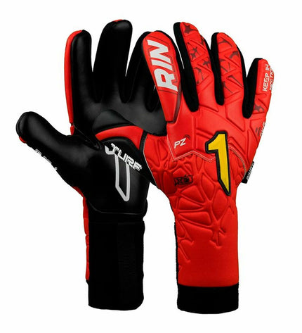 Rinat Rinat Xtreme Guard Dominius Turf red goalkeeper gloves for soccer, with padded palms and adjustable wrist straps.