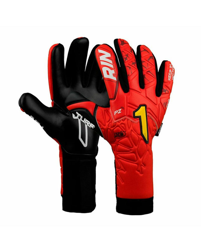 Rinat Rinat Xtreme Guard Dominius Turf red goalkeeper gloves for soccer, with padded palms and adjustable wrist straps.