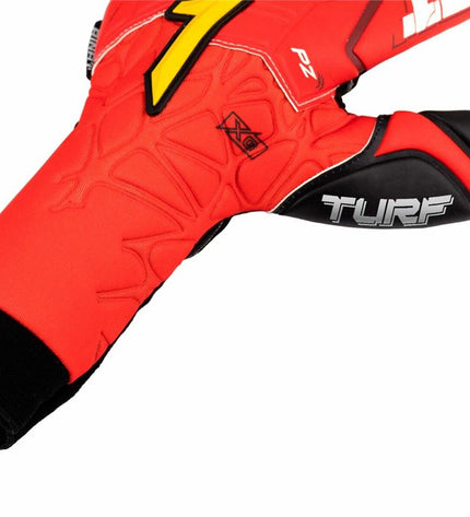 Rinat Keeperhandschoenen Xtreme Guard Dominius Turf in red, designed for football goalkeeping on outdoor turf fields.