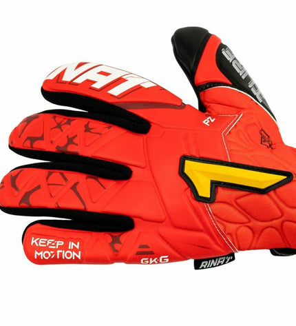 Rinat Rinat Xtreme Guard Dominius Turf red goalkeeper gloves for adults, designed for outdoor soccer and enhanced grip.