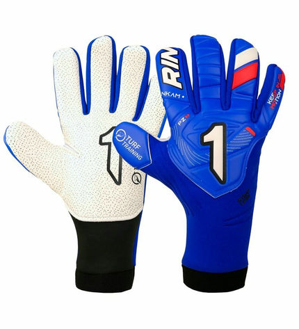 Blue Rinat goalkeeper gloves for adults, designed for soccer training and outdoor sports, with padded palms and secure wrist straps.