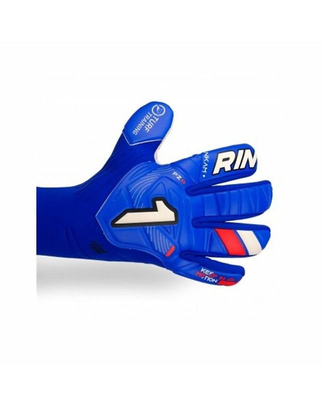 Blue Rinat Keeperhandschoenen Nkam Training for adults, designed for football goalkeeping, in a close-up showing grip and padding.