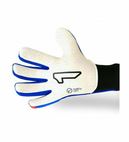 Blue Rinat Keeperhandschoenen for adults, designed for soccer training, with padded palms and a secure fit.