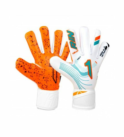 Rinat Keeperhandschoenen Rinat Nkam AS Oranje for soccer goalkeeping, featuring bright orange color and padded design.