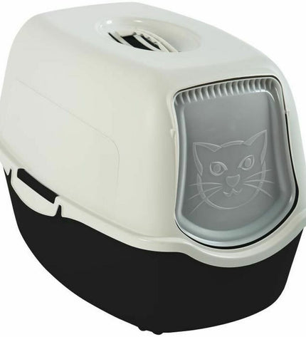 Rotho My Pet Bailey cat litter box in white and black, 56x28x39 cm, with a modern, enclosed design for cats.