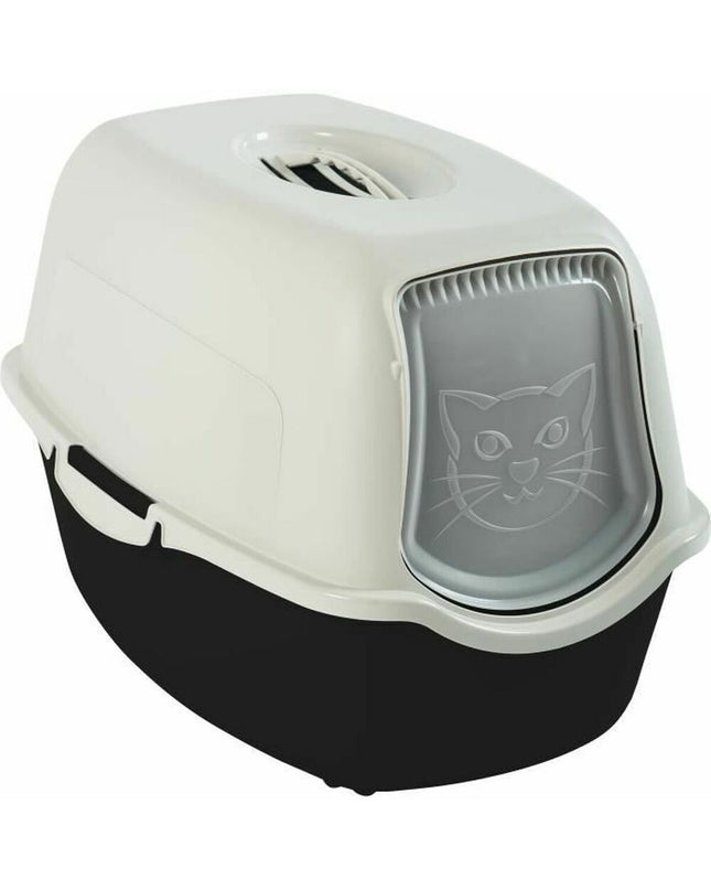 Rotho My Pet Bailey cat litter box in white and black, 56x28x39 cm, with a modern, enclosed design for cats.