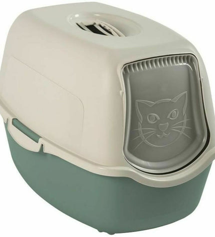 Rotho My Pet Bailey cat litter box in white and green with a modern design, suitable for indoor feline use.