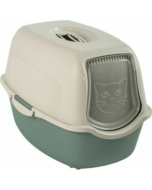 Rotho My Pet Bailey cat litter box in white and green with a modern design, suitable for indoor feline use.