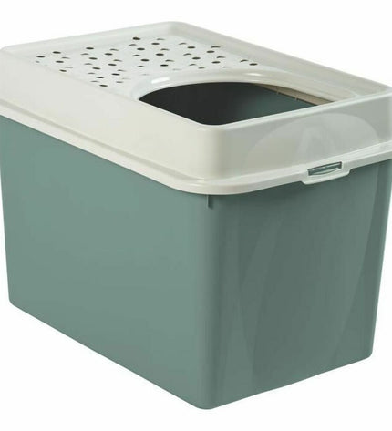 Rotho My Pet BERTY cat litter box in white and green, measuring 57x40x33 cm, with a modern design for indoor cat use.