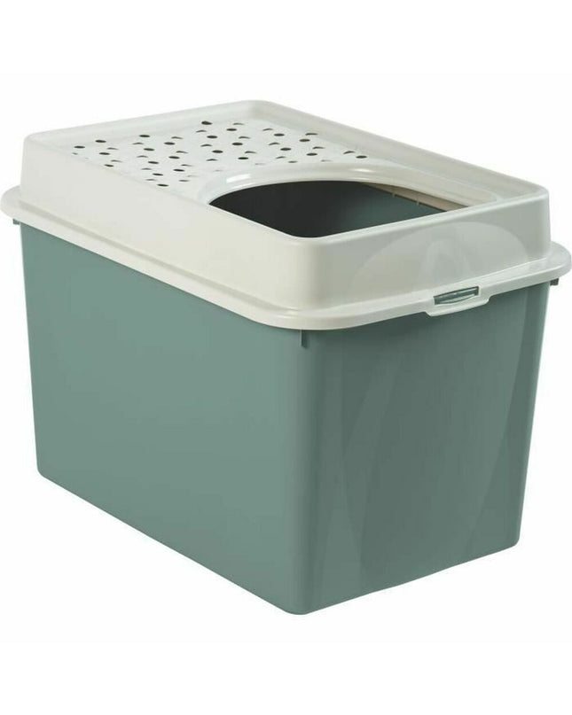 Rotho My Pet BERTY cat litter box in white and green, measuring 57x40x33 cm, with a modern design for indoor cat use.