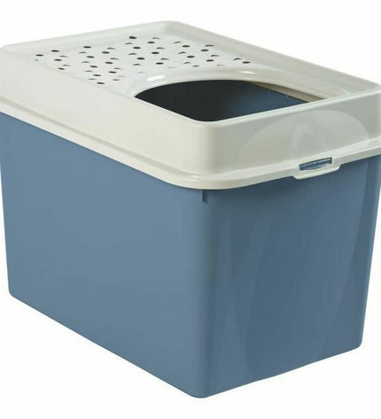 Blue and white Rotho My Pet BERTY cat litter box, 57x40x33 cm, with a modern design for feline litter needs.