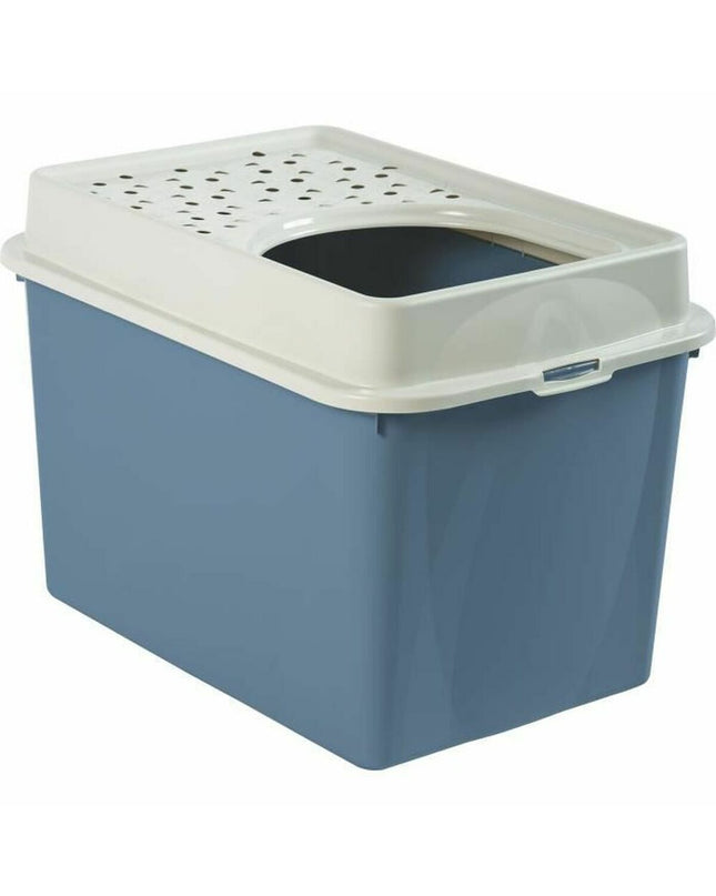 Blue and white Rotho My Pet BERTY cat litter box, 57x40x33 cm, with a modern design for feline litter needs.