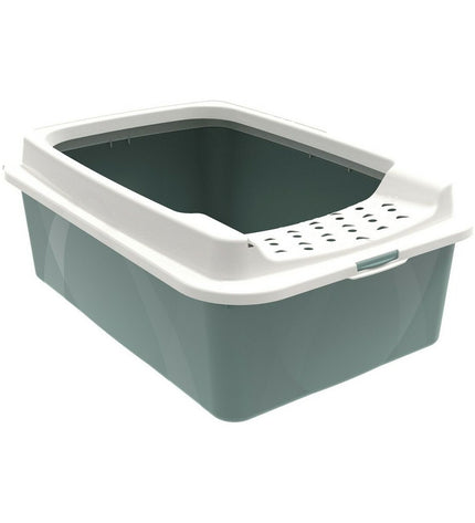 Rotho My Pet Bonnie eco cat litter box in white and green, measuring 56x17x40 cm, with a clean, modern design for cats.