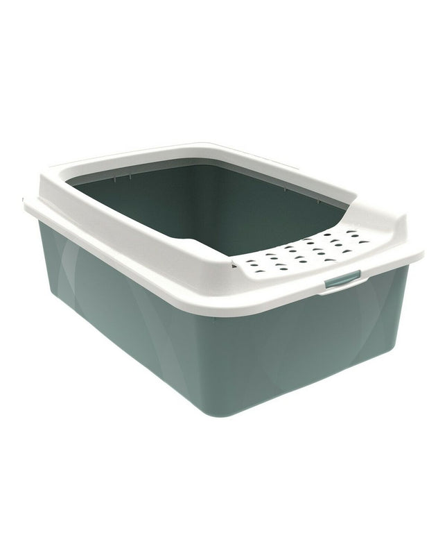 Rotho My Pet Bonnie eco cat litter box in white and green, measuring 56x17x40 cm, with a clean, modern design for cats.