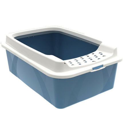Blue and white Rotho My Pet Bonnie eco cat litter box with dimensions 56x17x40 cm, made for feline use.