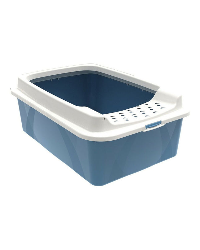 Blue and white Rotho My Pet Bonnie eco cat litter box with dimensions 56x17x40 cm, made for feline use.