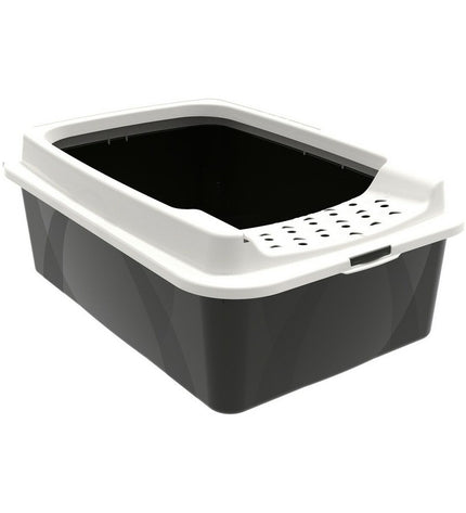 Rotho My Pet Bonnie Eco cat litter box in white and black, 57.2 x 39.3 x 20.9 cm, shown from front view.