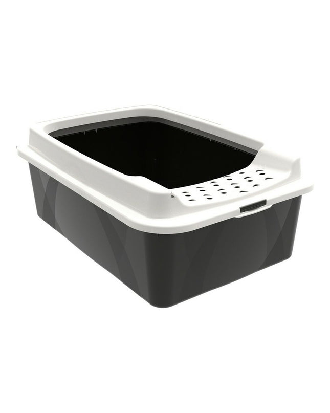 Rotho My Pet Bonnie Eco cat litter box in white and black, 57.2 x 39.3 x 20.9 cm, shown from front view.