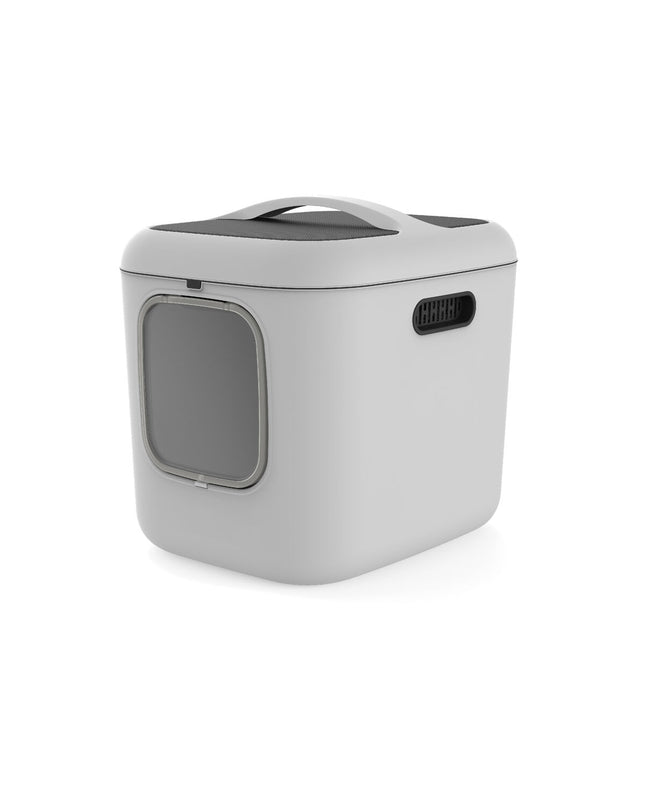 Rotho My Pet Biala XL recycled plastic cat litter box in white, designed for easy cleaning and durable use in a modern home setting.