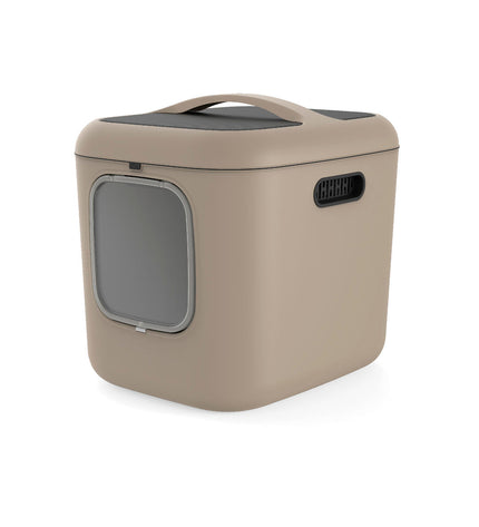Rotho My Pet Biala XL cat litter box in brown made from recycled plastic, designed for easy cleaning and durability.