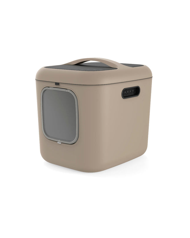 Rotho My Pet Biala XL cat litter box in brown made from recycled plastic, designed for easy cleaning and durability.