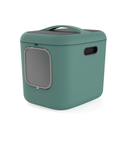 Rotho My Pet Biala XL green recycled plastic cat litter box with high sides and spacious design for cats.