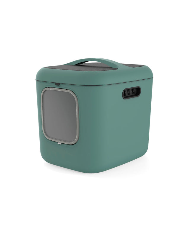 Rotho My Pet Biala XL green recycled plastic cat litter box with high sides and spacious design for cats.