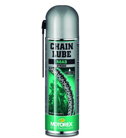 Motorex Road Strong chain lubricant in a 500 ml bottle, suitable for cycling and outdoor sports, with a yellow cap and label.