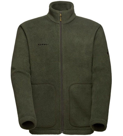 Mammut Falera ML men's olive sport jacket for outdoor activities, ideal for camping and hiking, shown in a natural outdoor setting.
