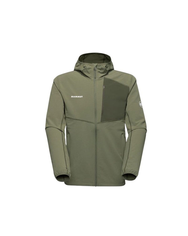 Olijfgroene Mammut sportjas voor heren, lichtgewicht en geschikt voor outdoor activiteiten zoals kamperen en wandelen.