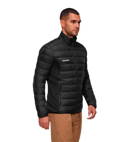 Men's Mammut Crag In Hybrid sport jacket in black, outdoor jacket for hiking and camping, shown on a hanger.