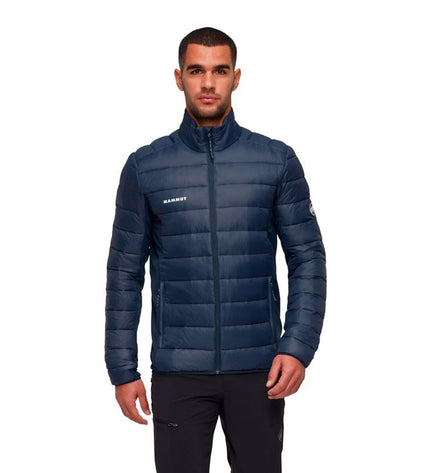Blue Mammut Crag In Hybrid men's sport jacket designed for outdoor activities, shown on a hanger against a plain background.