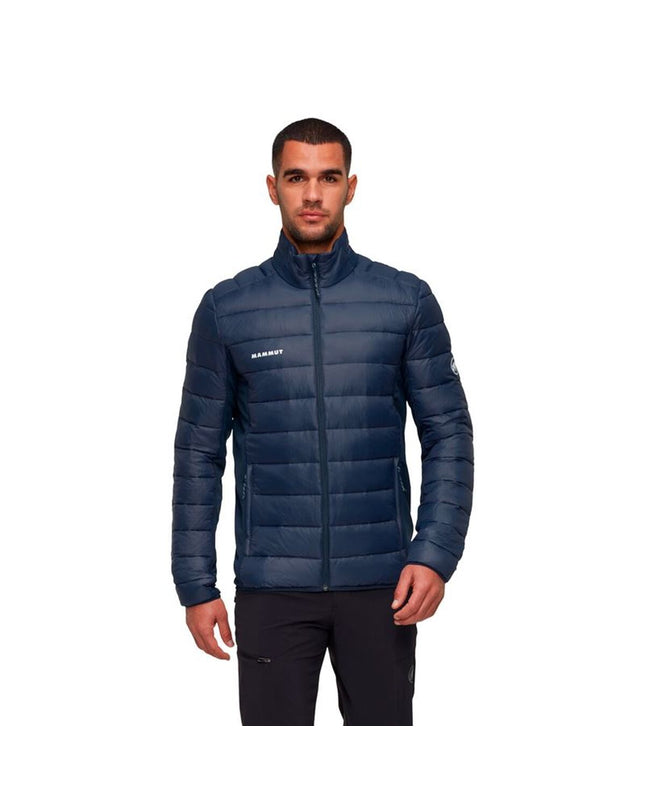 Blue Mammut Crag In Hybrid men's sport jacket designed for outdoor activities, shown on a hanger against a plain background.