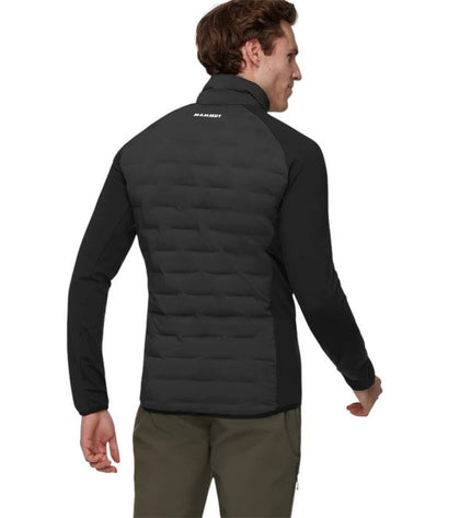 Mammut Sender In hybrid men's sport jacket in black, suitable for outdoor activities like hiking and camping.