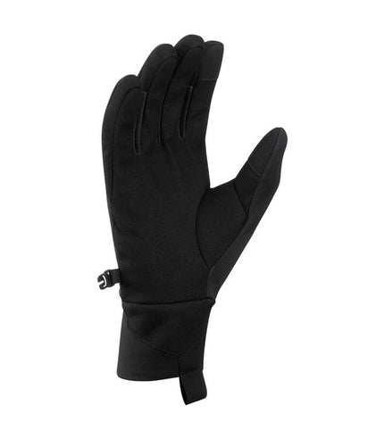 Black Mammut Astro Light gloves designed for outdoor activities like hiking and camping, shown on a model's hands.